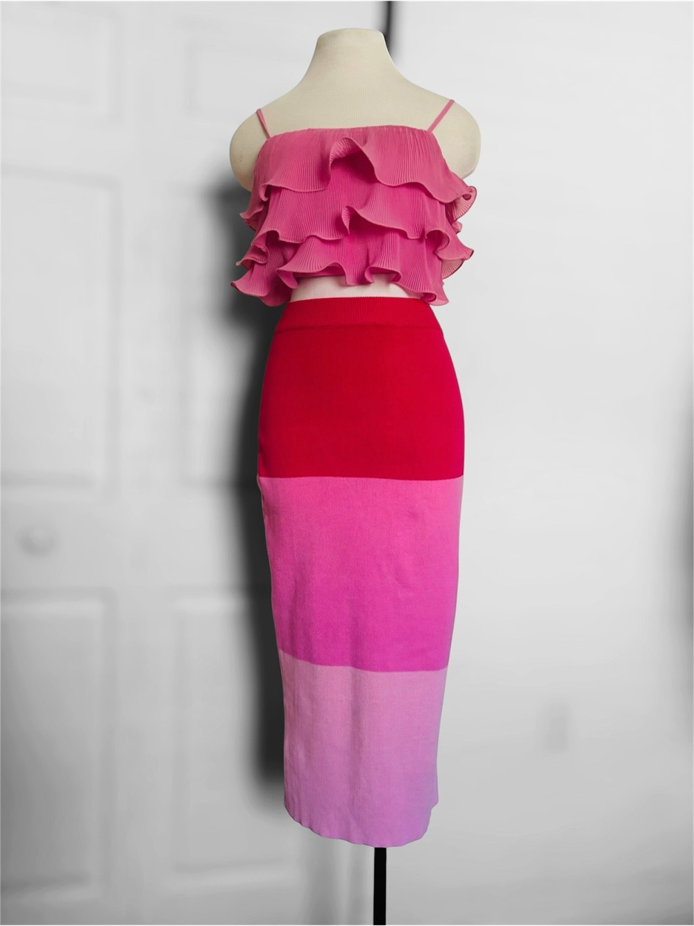 Three-Tone Pink Colorblock Midi Skirt